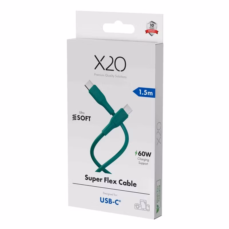 X2O Superflex USB-C till USB-C-kabel 60 W 1,5 m Turkosgrön