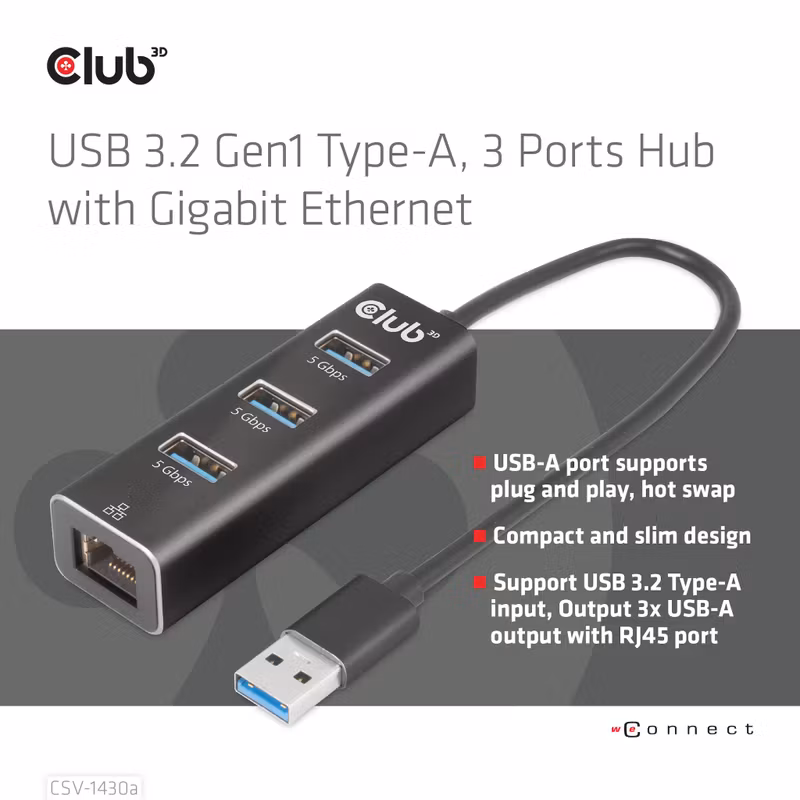 Club 3D CSV-1430A 4-i-1 USB 3.2 Gen 1-hubb med 3 × USB-A och Gigabit Ethernet Svart
