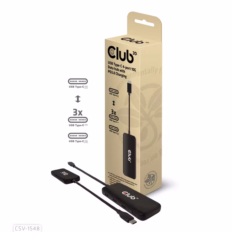 Club 3D CSV-1548 USB-C-hubb med 4 portar 10 Gbps och 100 W PD Svart