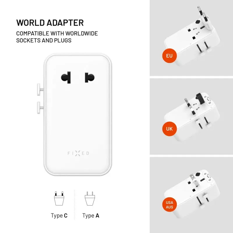 FIXED Voyager Slim 45 W GaN USB-C/USB-A Reseladdare EU/UK/USA/AU Vit