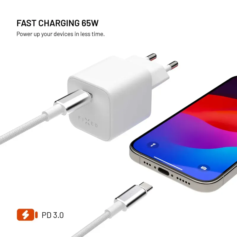 FIXED Mini FIXCG65M-CC-WH 65 W GaN USB-C Väggladdare med 2 m kabel Vit