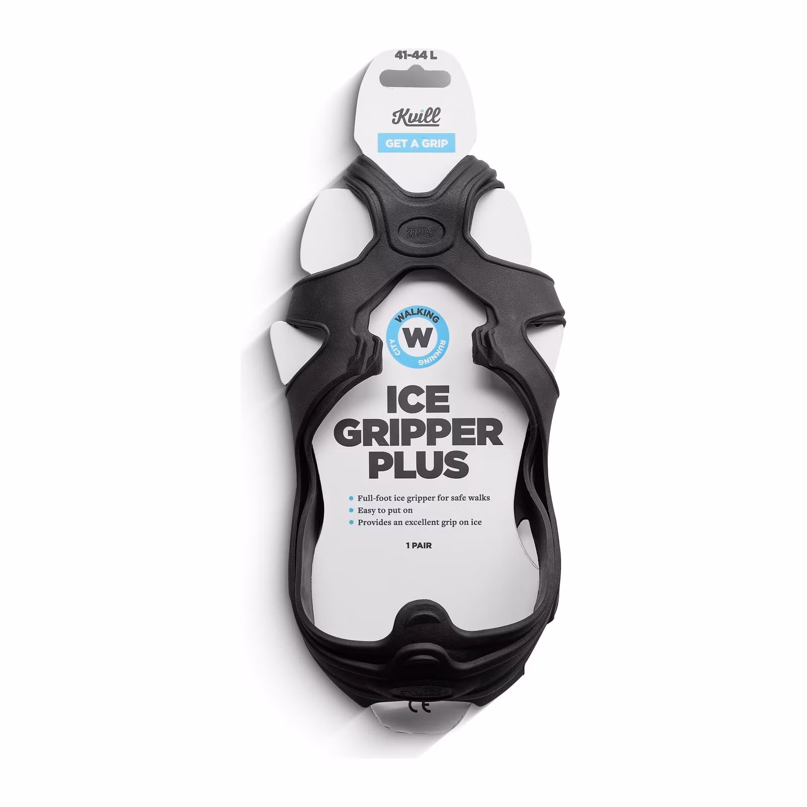 Förpackningen till Kvill Ice Gripper Plus, helfotsbrodd i storlek L för sko 41-44