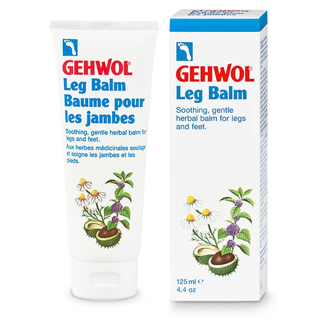 GEHWOL Leg Balm Benbalsam 125 ml – tub och förpackning med örtillustrationer