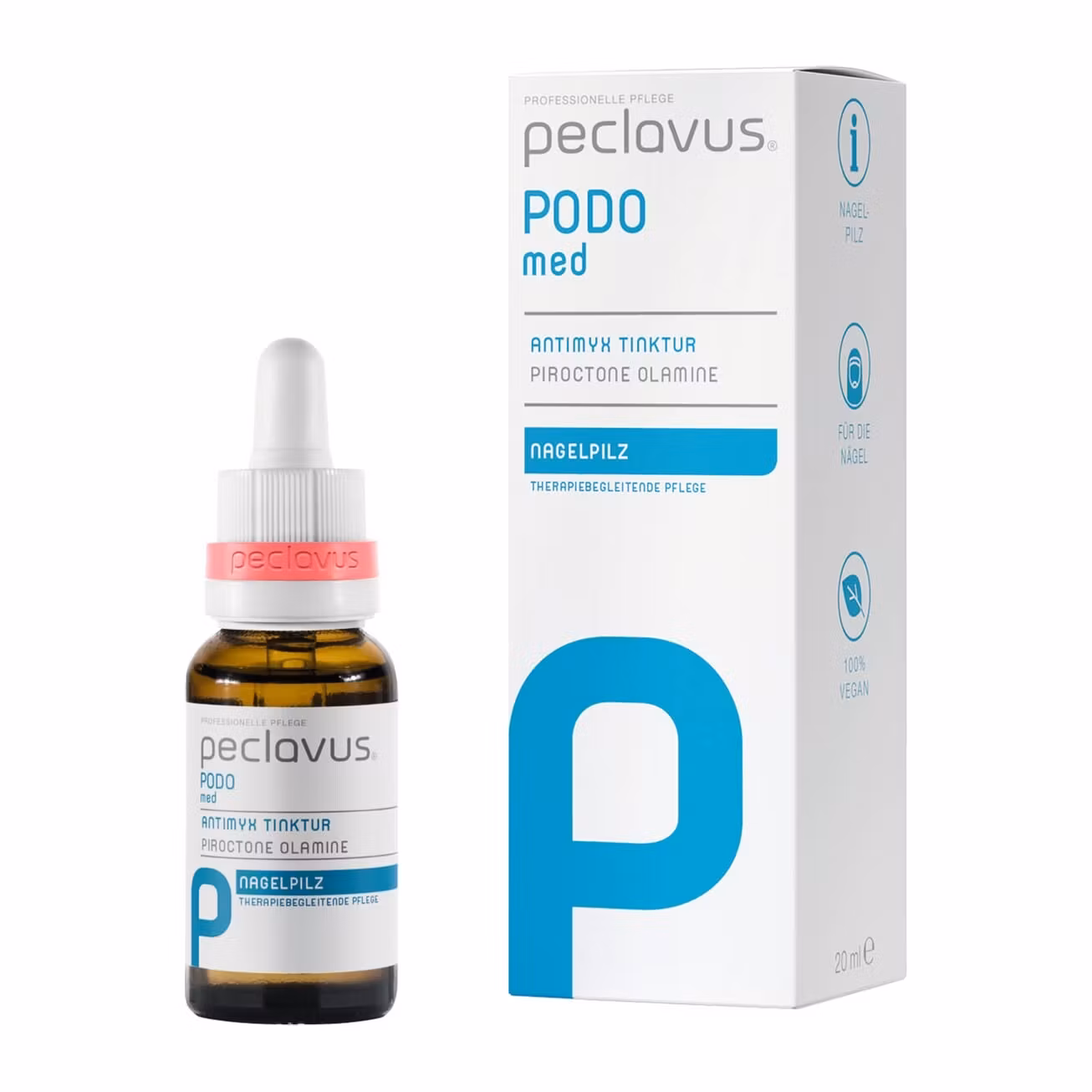 Peclavus PODOmed AntiMYX Tinktur 20ml droppflaska med förpackning mot nagelsvamp