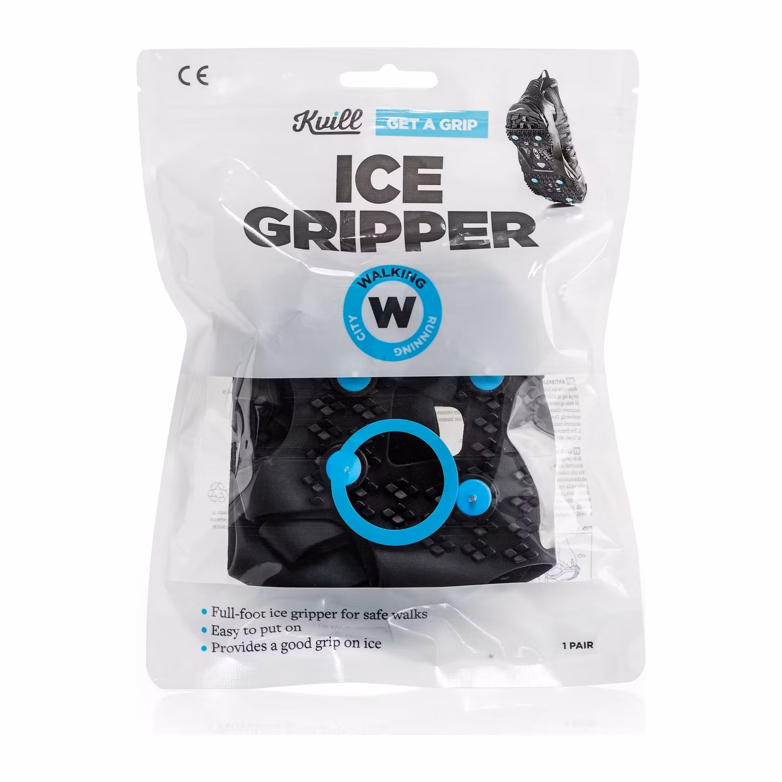 Förpackningen till Kvill Ice Gripper, helfotsbrodd för promenad, ett par per förpackning