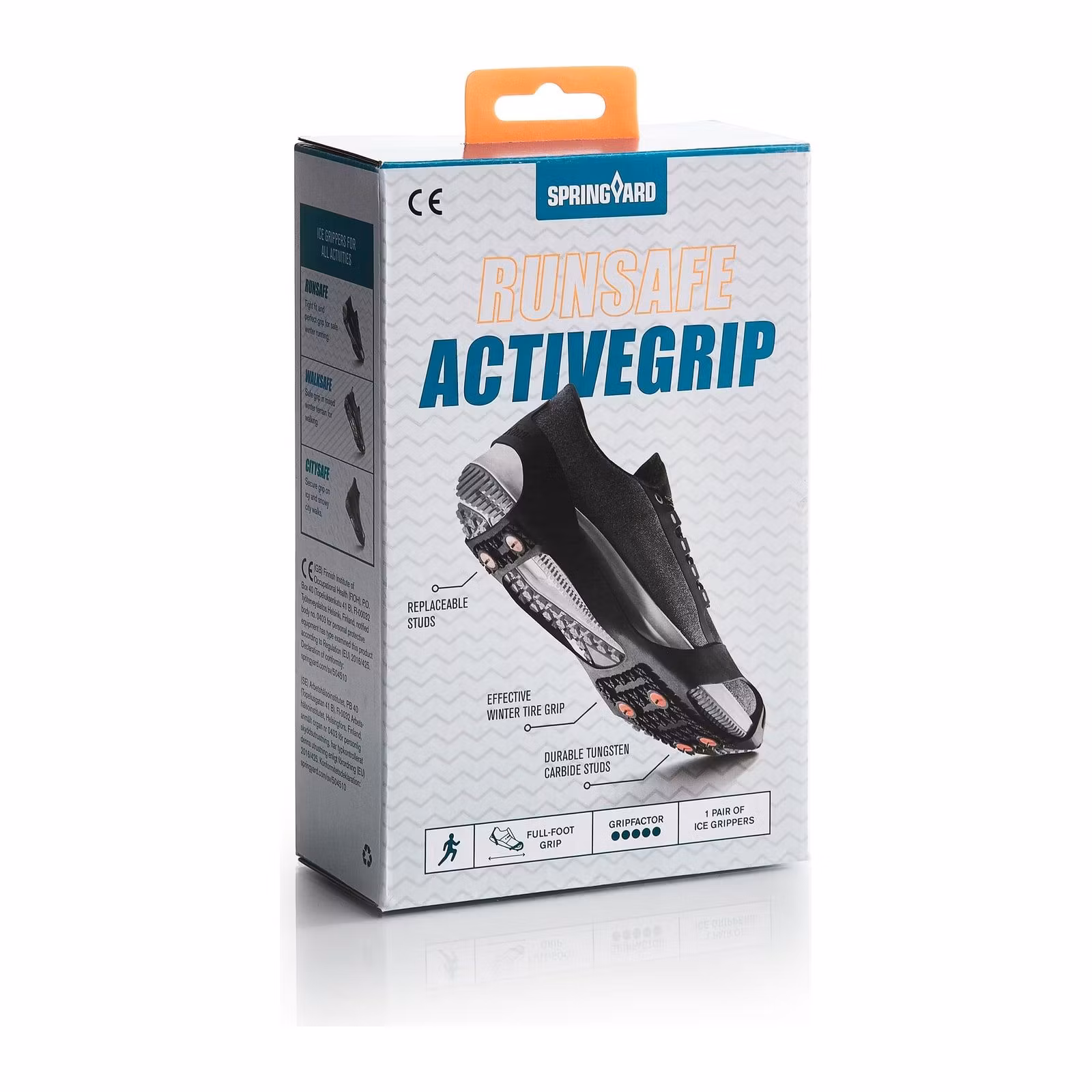 Förpackningen till Springyard ActiveGrip Runsafe, broddar för löpning med ett par per förpackning