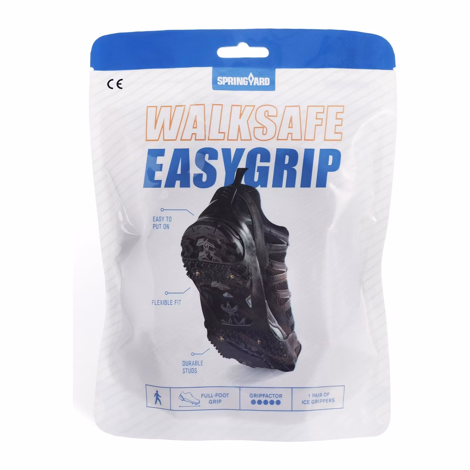 Förpackningen till Springyard EasyGrip Walksafe, helfotsbrodd för promenad med ett par per förpackning