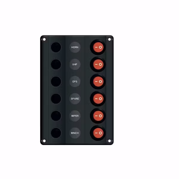 ”Wave” elpanel med 6 kontakter LED och automatsäkring, 12V