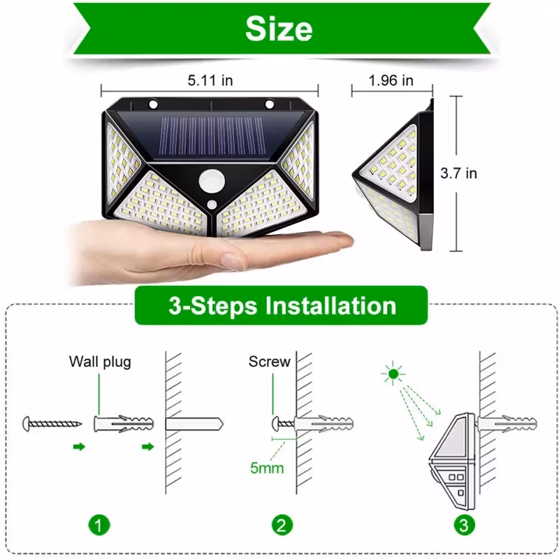 Utebelysning - Solceller - Rörelsesensor - 100 Led 60 W -