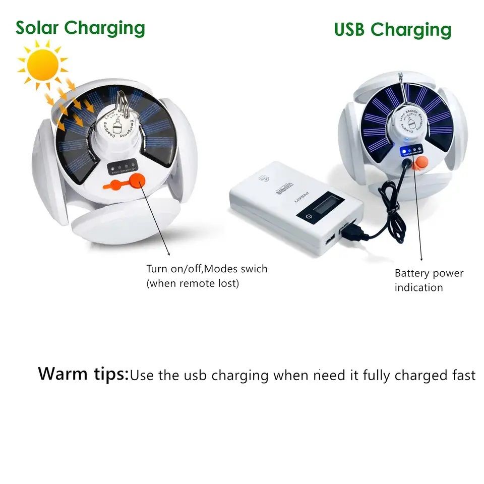 Campinglampa Deluxe - Solcell - USB - Vikbar -