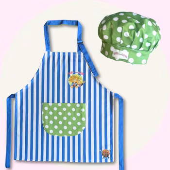 Blått Förkläde & Grön Kockmössa för Barn – Paket från Baka med Alma