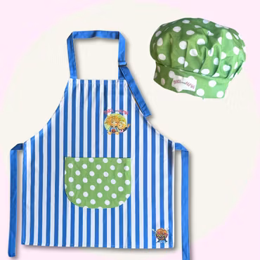 Blått Förkläde & Grön Kockmössa för Barn – Paket från Baka med Alma