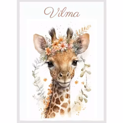 Namntavla - Giraff med blommor