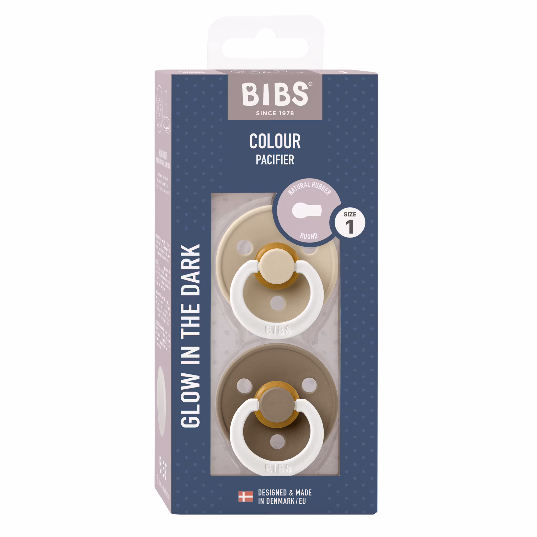 BIBS Colour napp 2pack - Vanilla GLOW/Dark Oak GLOW latex storlek 1