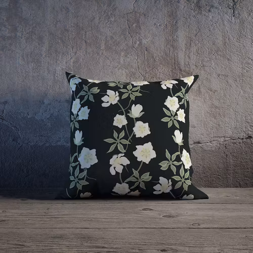 Belle Helle på vinternatt, Helleborus julrosen på svart kuddfodral