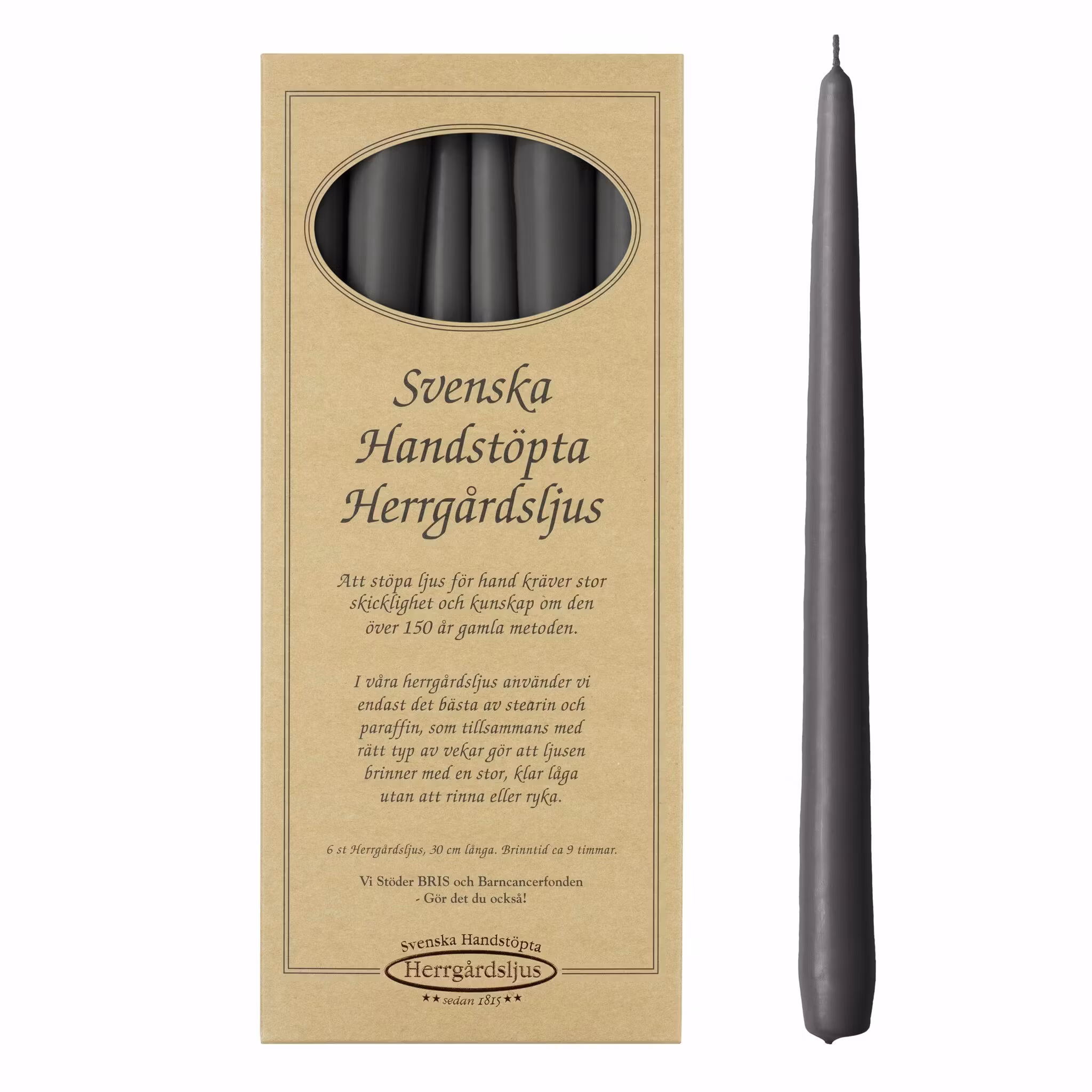 Herrgårdsljus matt Mörkgrå 30 cm, handstöpta