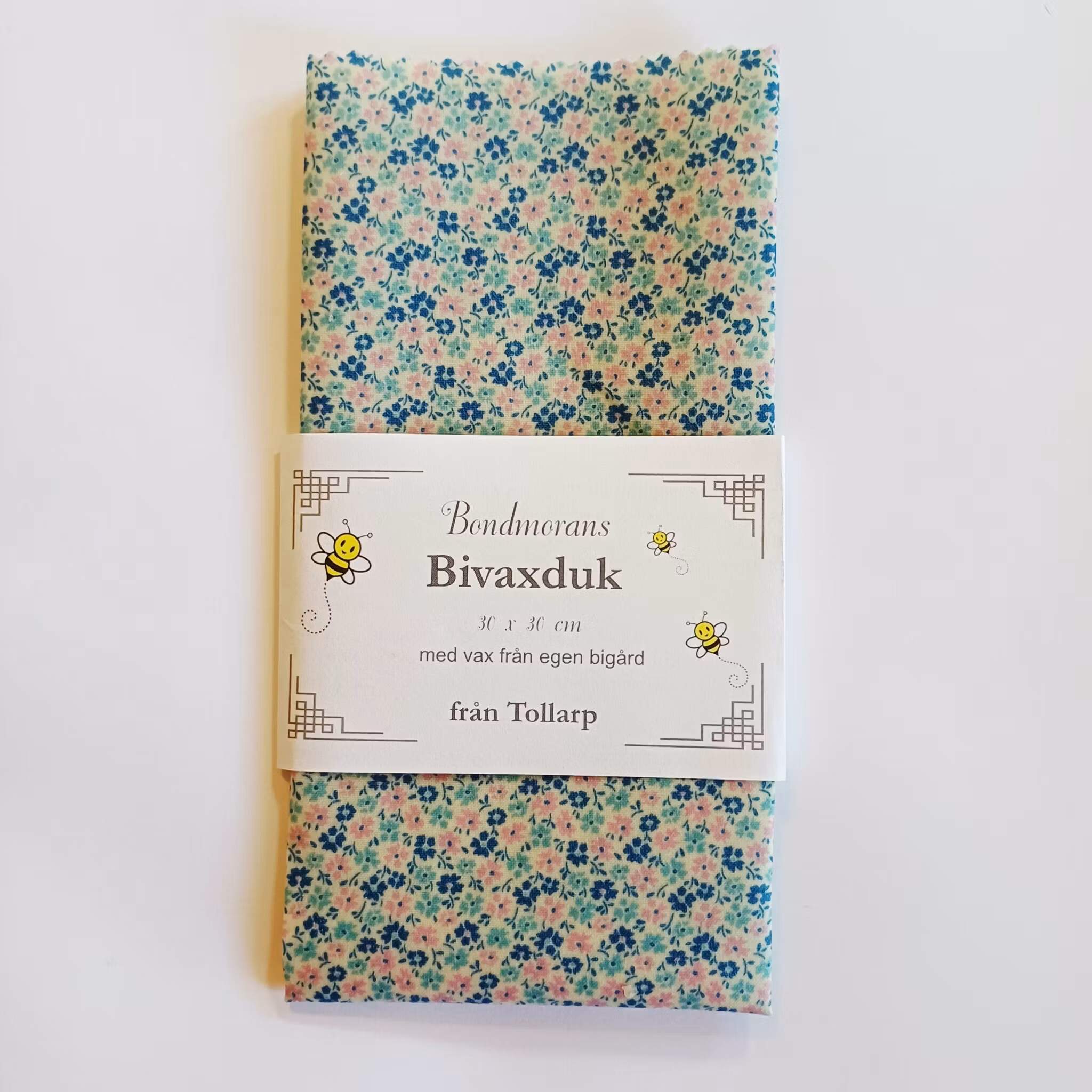 Bivaxduk 30x30 cm, Vit, rosablå små blommor, Bondmorans