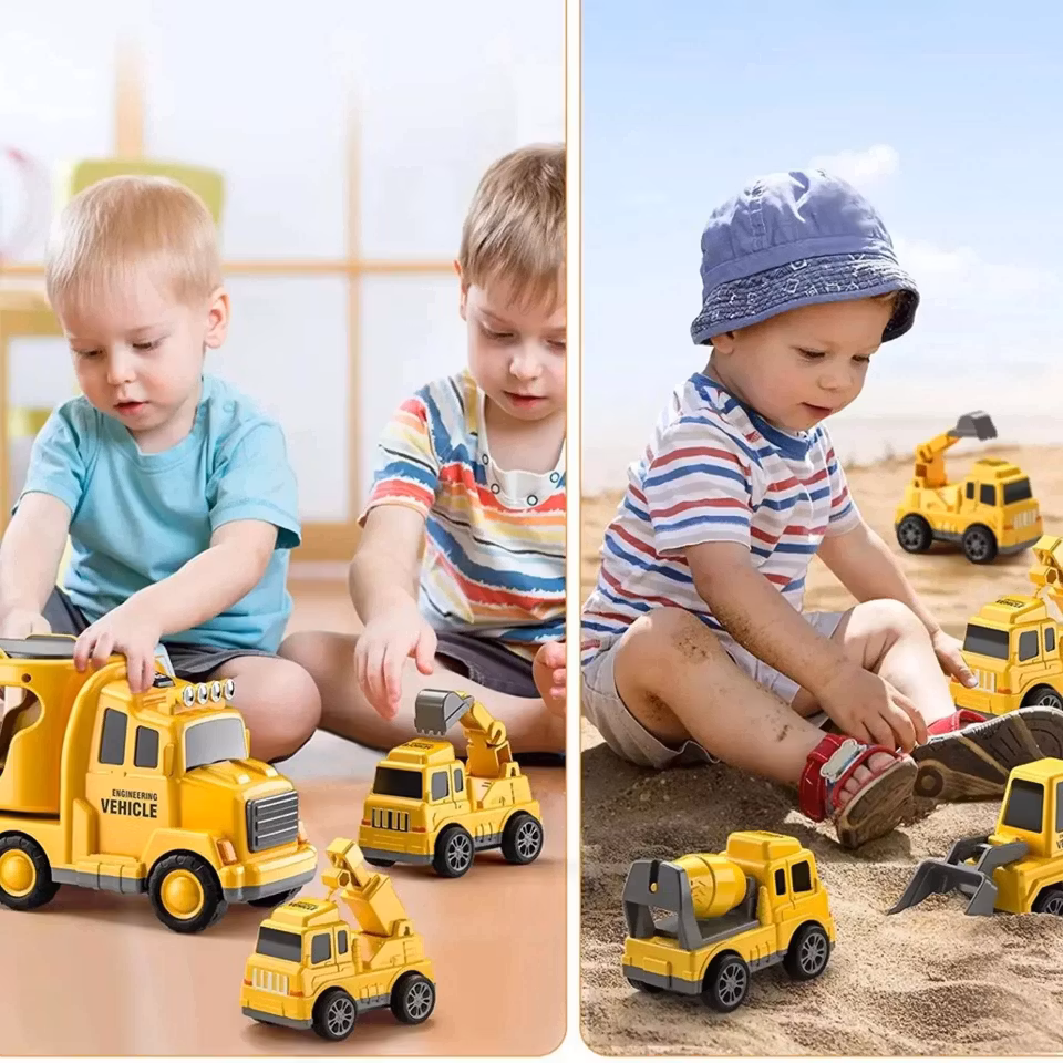 5-i-1 lastbilsleksak för barn – byggarbetsplats i miniformat med friktionsdriven transportlastbil, kran, bulldozer, grävmaskin och betongblandare.