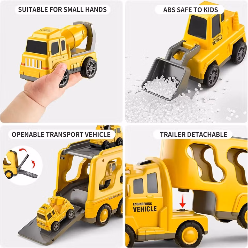 5-i-1 lastbilsleksak för barn – byggarbetsplats i miniformat med friktionsdriven transportlastbil, kran, bulldozer, grävmaskin och betongblandare.