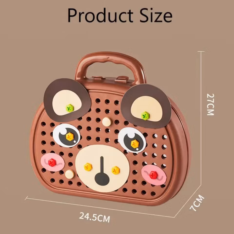 Barn bygger kreativa 2D- och 3D-figurer med borrpussel i plast. Färgglada delar och leksaksborr tränar motorik, fantasi och problemlösning.