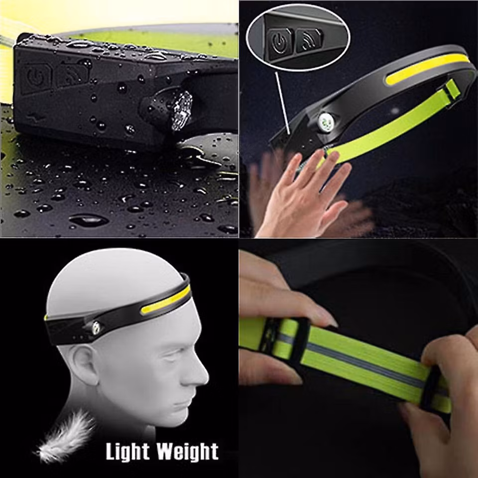 Uppladdningsbar LED-pannlampa 350 lumen, vattentålig och med handsfree IR-sensor, perfekt för utomhusäventyr som löpning, camping och fiske.