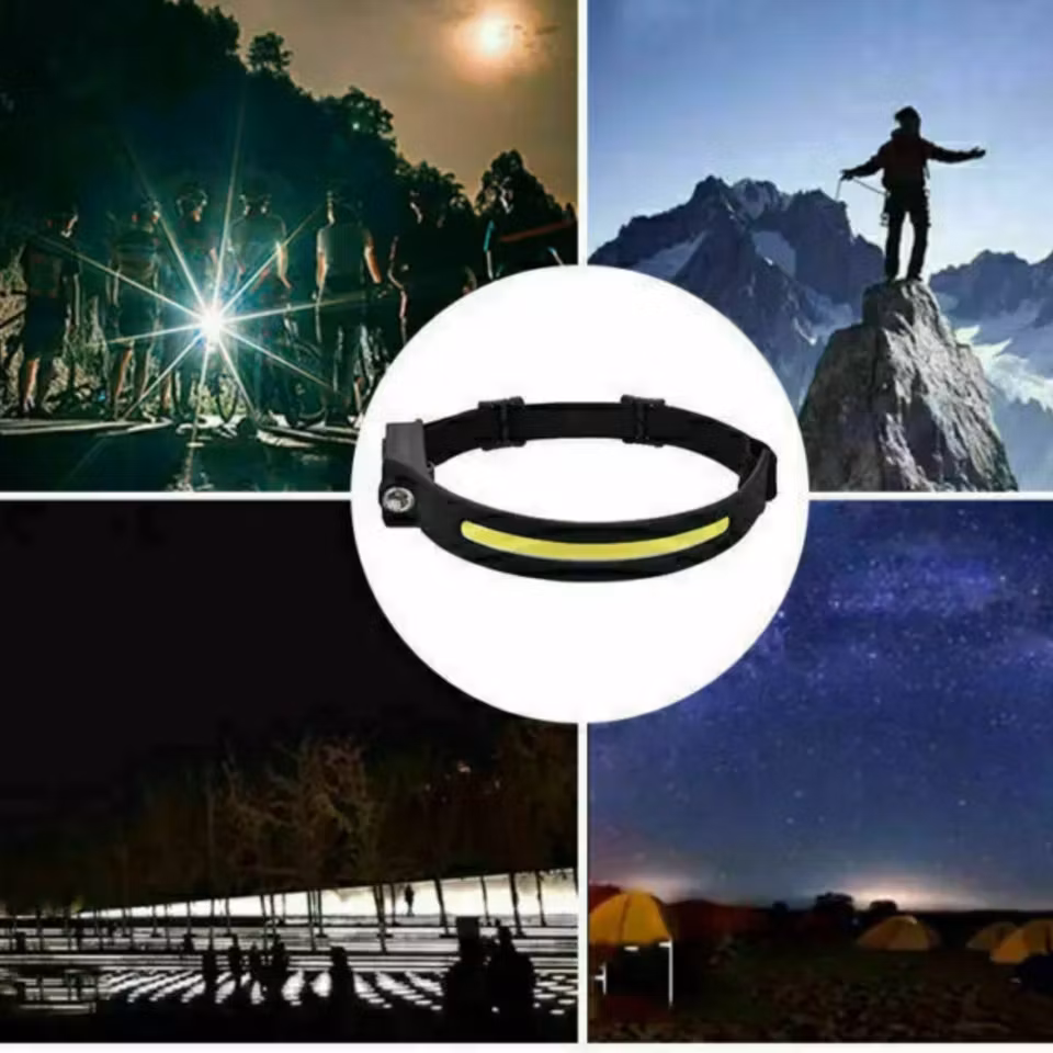 Uppladdningsbar LED-pannlampa 350 lumen, vattentålig och med handsfree IR-sensor, perfekt för utomhusäventyr som löpning, camping och fiske.