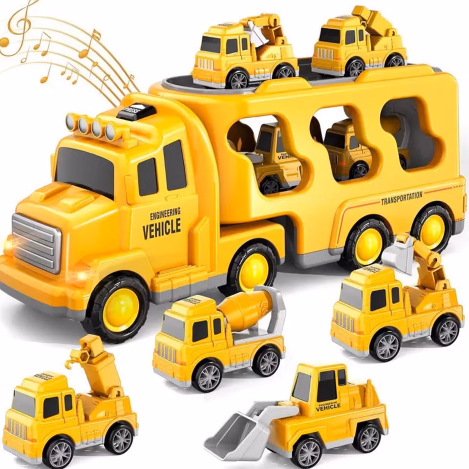 5-i-1 lastbilsleksak för barn – byggarbetsplats i miniformat med friktionsdriven transportlastbil, kran, bulldozer, grävmaskin och betongblandare.