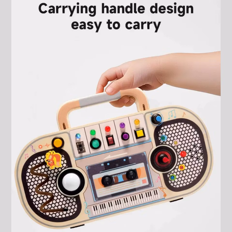 Montessori aktivitetsbräda i trä för barn med LED-lampor och färgglada knappar – sensorisk leksak som utvecklar finmotorik och inlärning.