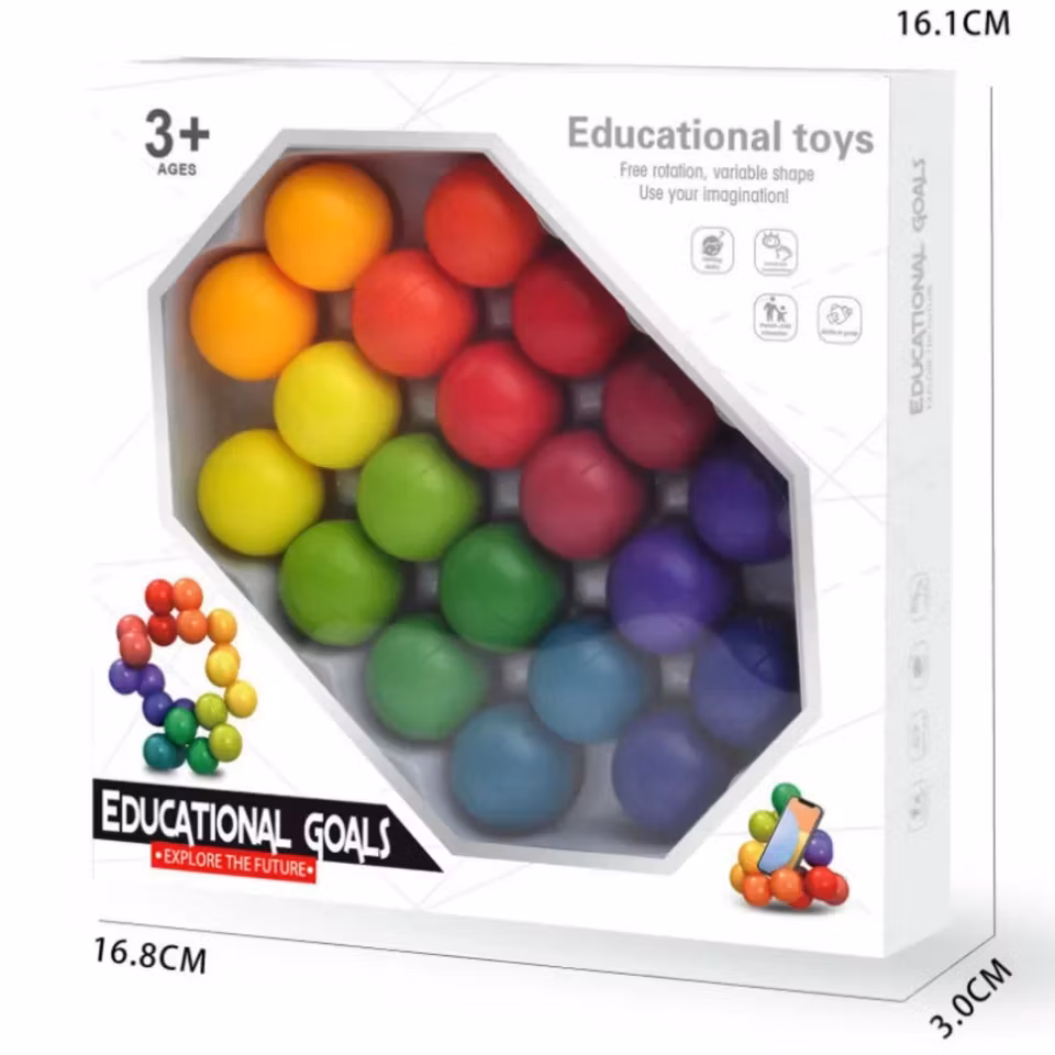 Färgglad DIY stressboll i plast med böjbara delar. Formbar pusselleksak för barn och vuxna som lindrar stress och tränar koncentration och fingerfärdighet.