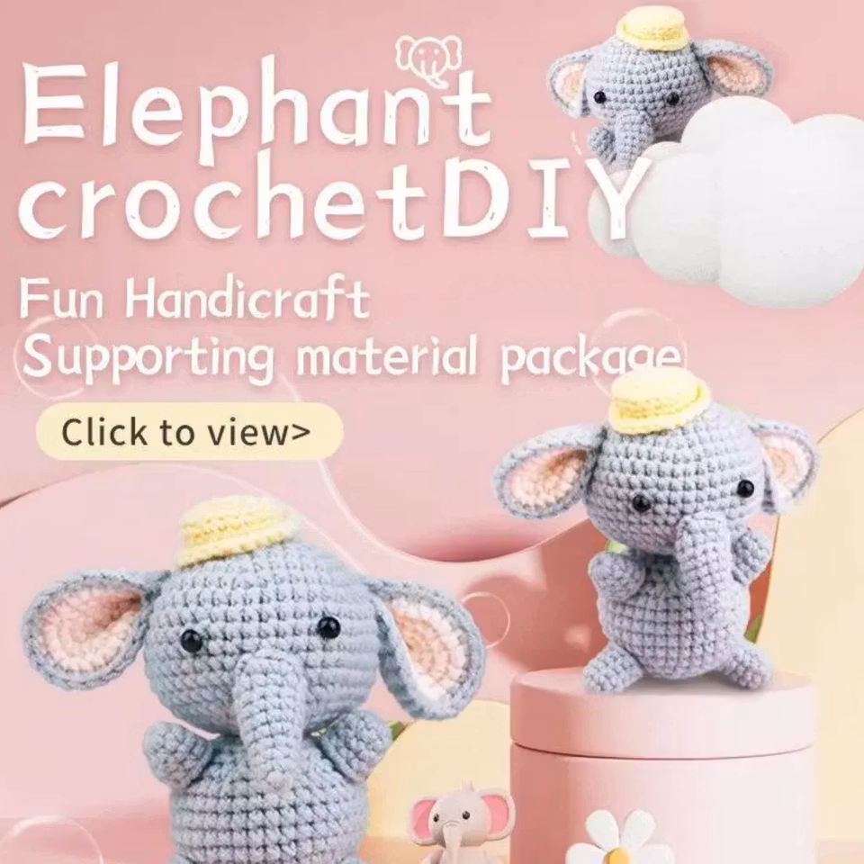 Elefant Virkningskit för Nybörjare – Komplett DIY-set för att skapa en elefant med garn, virknål, ögon och instruktionsvideo.