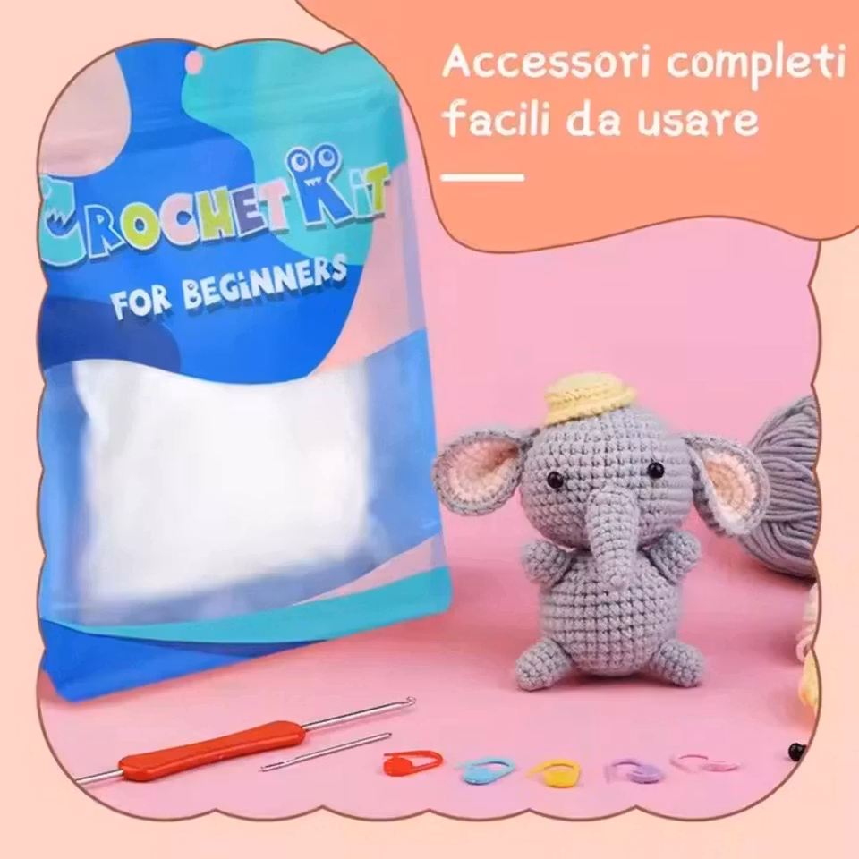 Elefant Virkningskit för Nybörjare – Komplett DIY-set för att skapa en elefant med garn, virknål, ögon och instruktionsvideo.