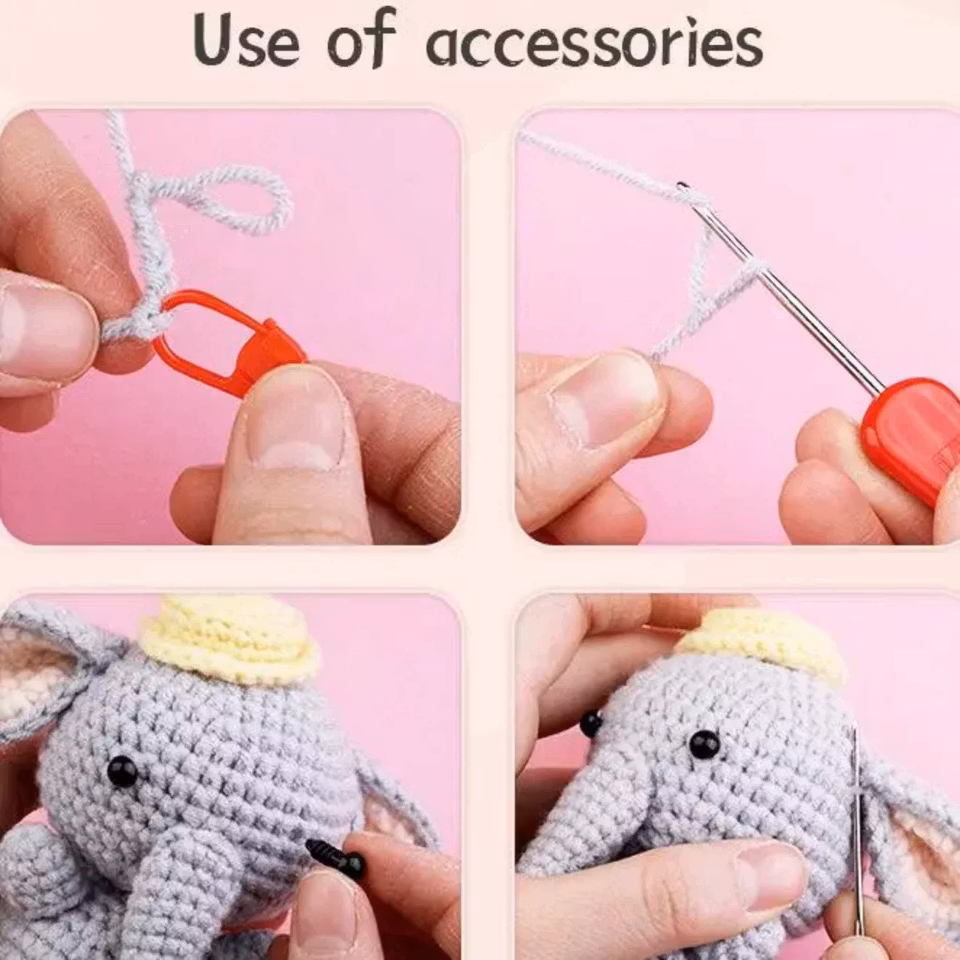 Elefant Virkningskit för Nybörjare – Komplett DIY-set för att skapa en elefant med garn, virknål, ögon och instruktionsvideo.