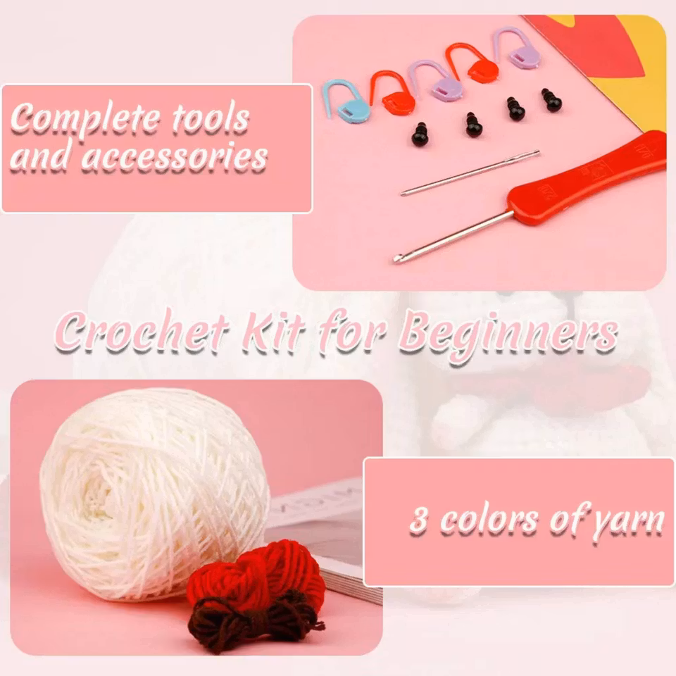 Kit för Nybörjare – Komplett DIY-set för att skapa en söt virkad kanin. Inkluderar virknål, garn, nål, maskmarkörer och instruktioner.