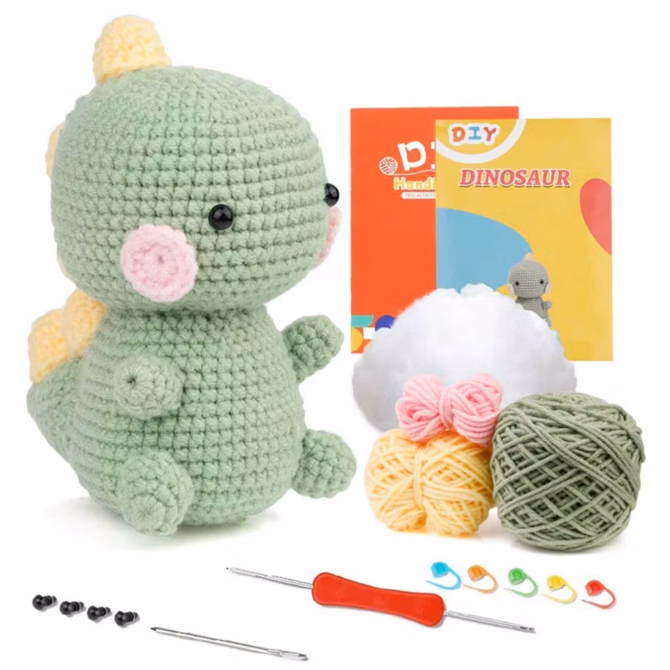 Lär dig virka med grön Dinosaurie DIY kit – Kompletterande set för nybörjare och erfarna virkare