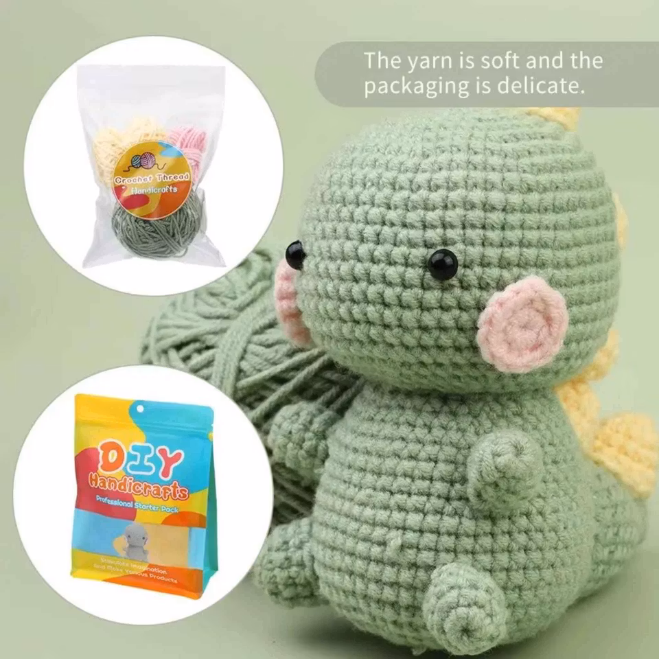 Lär dig virka med grön Dinosaurie DIY kit – Kompletterande set för nybörjare och erfarna virkare