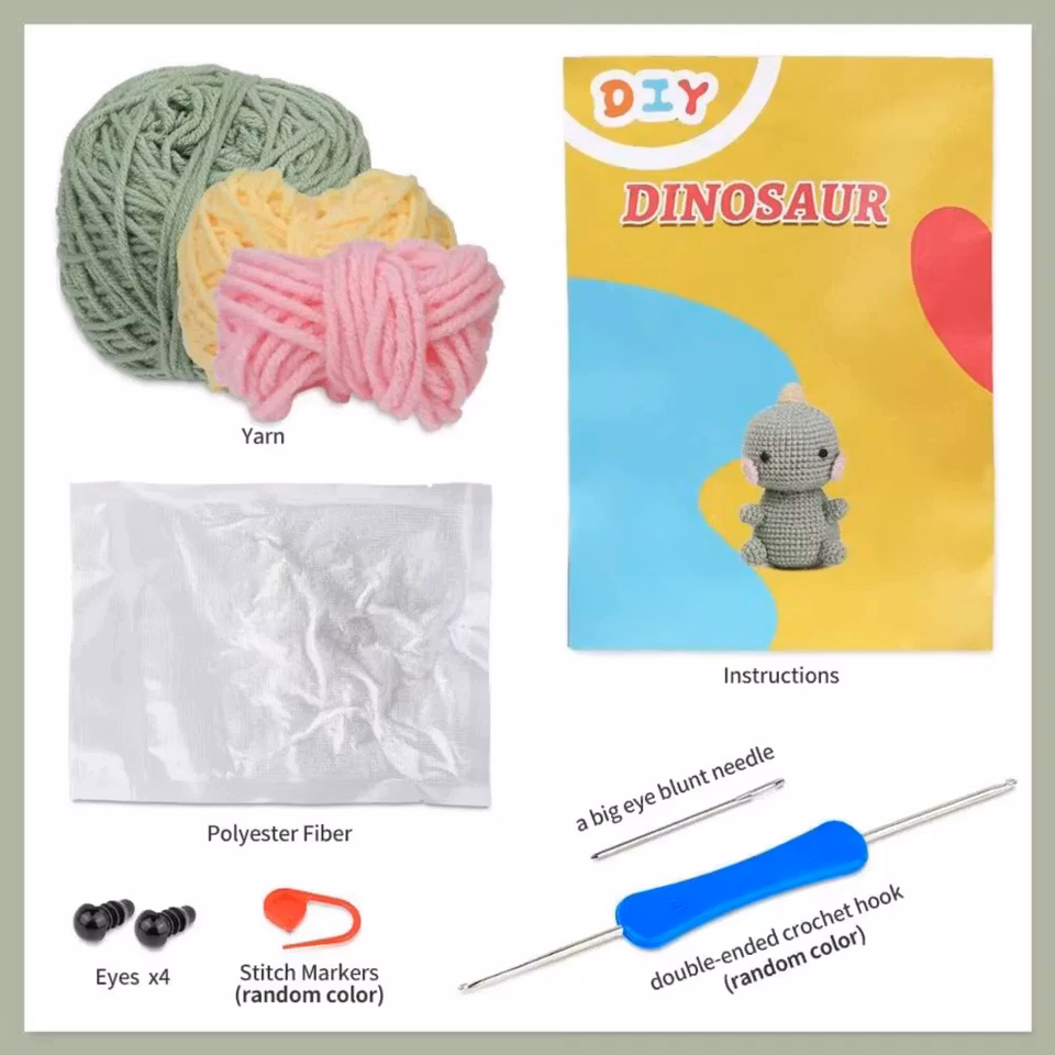 Lär dig virka med grön Dinosaurie DIY kit – Kompletterande set för nybörjare och erfarna virkare
