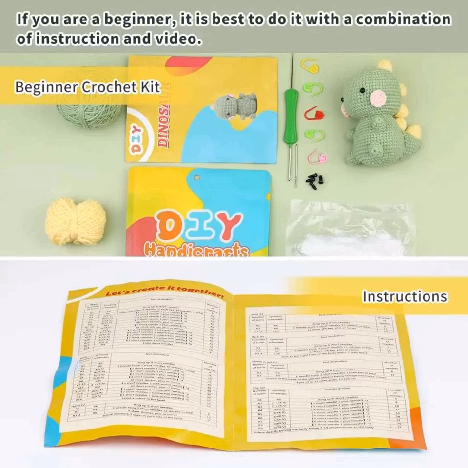 Lär dig virka med grön Dinosaurie DIY kit – Kompletterande set för nybörjare och erfarna virkare