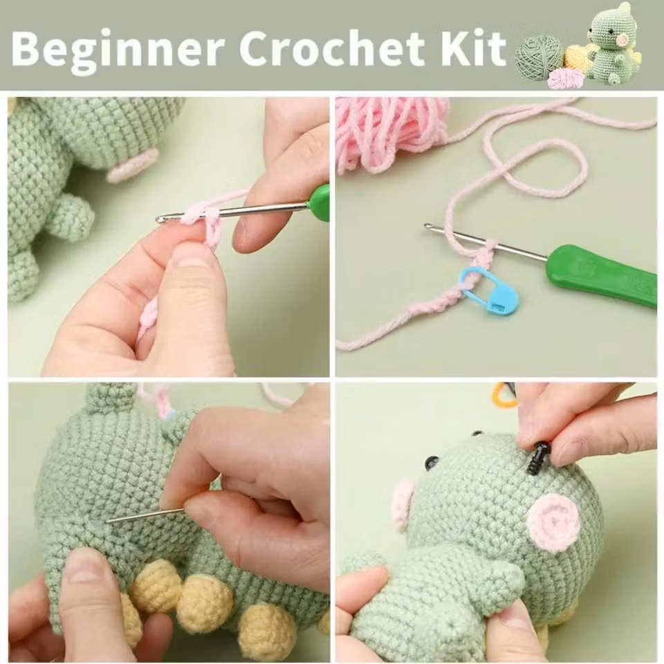 Lär dig virka med grön Dinosaurie DIY kit – Kompletterande set för nybörjare och erfarna virkare