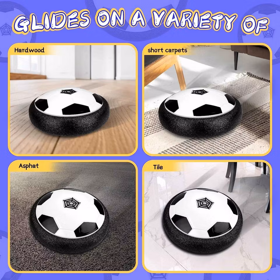 Flytande Fotboll för Barn – Elektrisk inomhusfotboll med LED-ljus och musik. Perfekt för lek på alla plana ytor, med säker design för inomhusbruk.