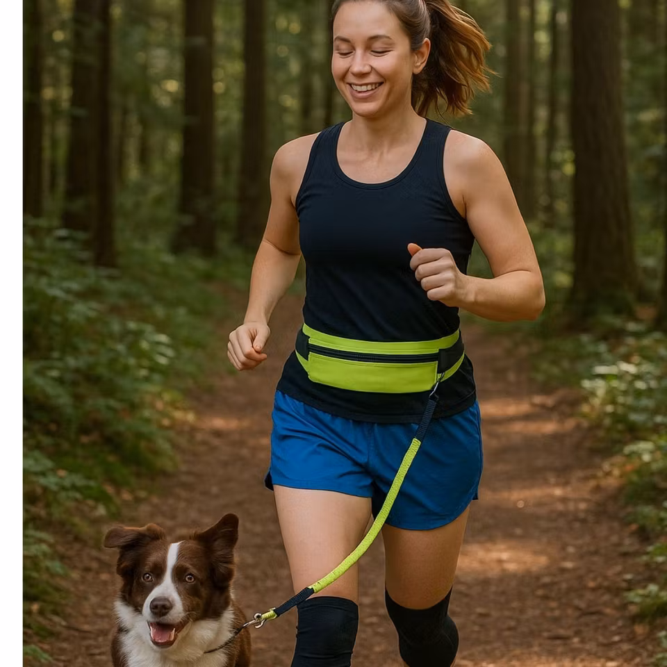 Handsfree hundkoppel med justerbart midjebälte och elastisk lina – svart med reflex och ficka för mobil och nycklar