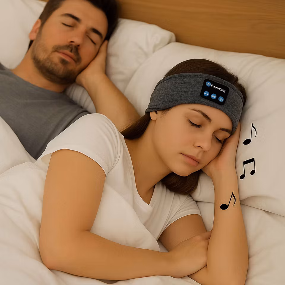 Ett grått Bluetooth-pannband med inbyggda högtalare och kontrollpanel.