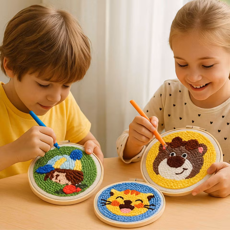 DIY broderikit med broderiring, garn, stansnål och förtryckt tyg. Perfekt nybörjarset med 5 motiv för handgjorda textila dekorationer.