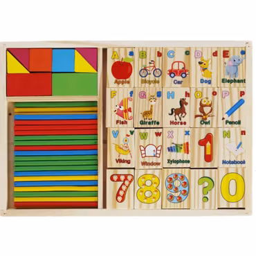 Trälåda med siffror, bokstäver & stavar