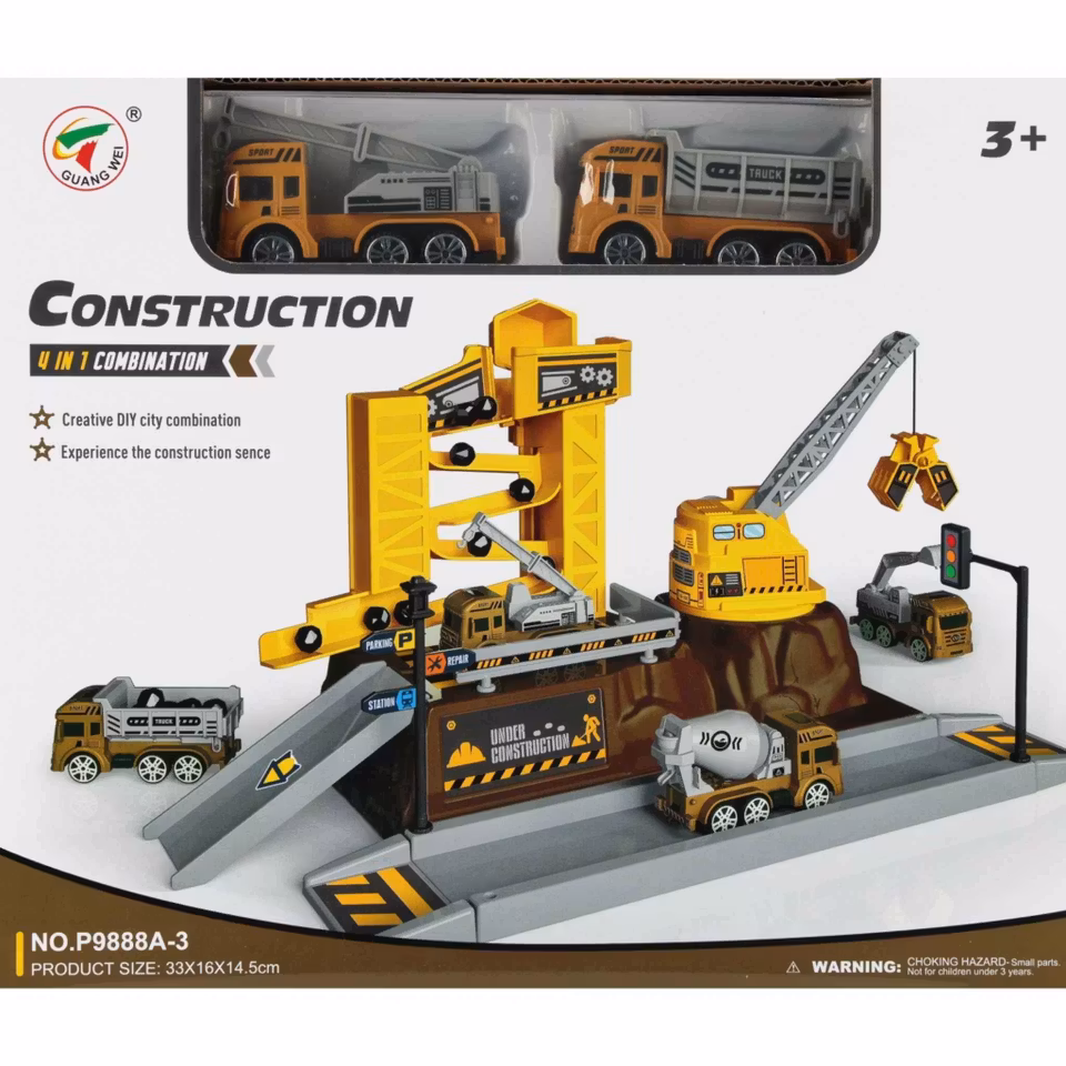 Byggarbetsplats lekset 4-i-1 med kran och fordon