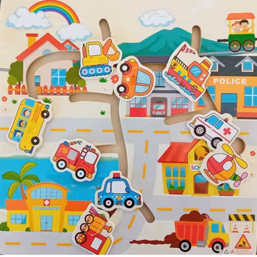 Montessori pussel i trä med djur eller fordon