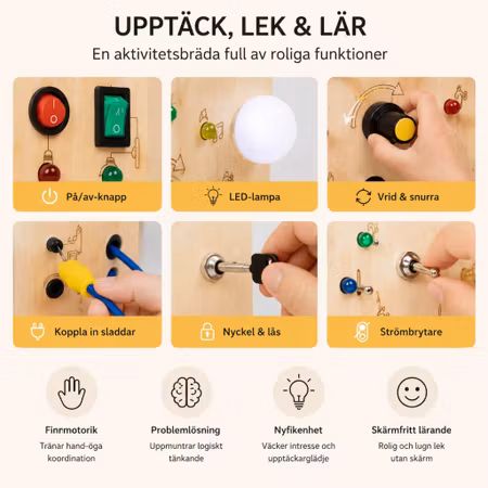 Montessori busy board i trä med LED för barn