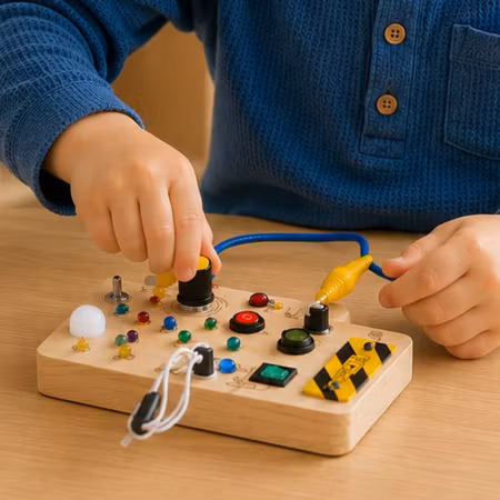 Montessori busy board i trä med LED för barn