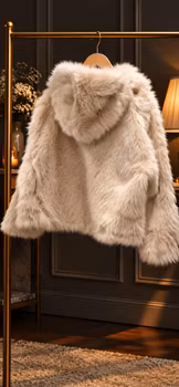 Kremfarget fluffy jakke med hette