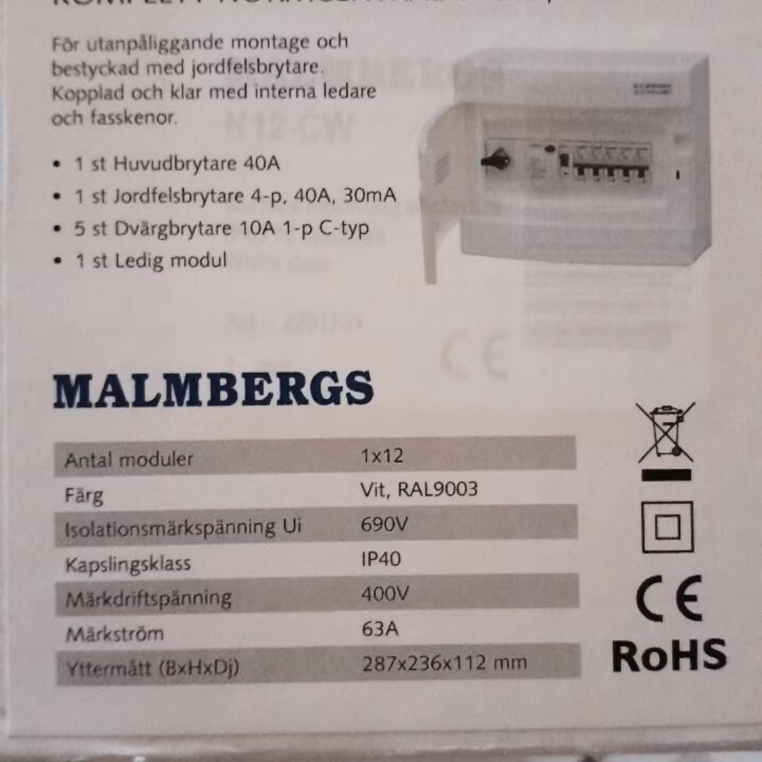 Malmbergs Elcentral komplett 1x12 moduler