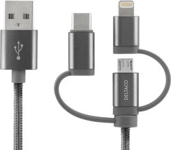 Deltaco Universal Charge- och Sync, Micro USB, USB-C, Lightning, 1m